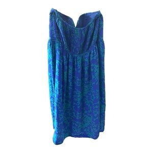 Maple Anthropologie strapless  bodice silk dress blue green Small pockets